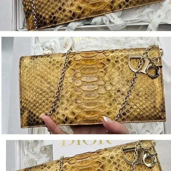 Dior Metallic Gold  Python Evening Clutch Bag/ Wallet on Chain - Picture 15 of 17